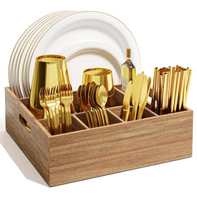 Aofure Acacia Wood Utensil Holder with six compartments for party setup