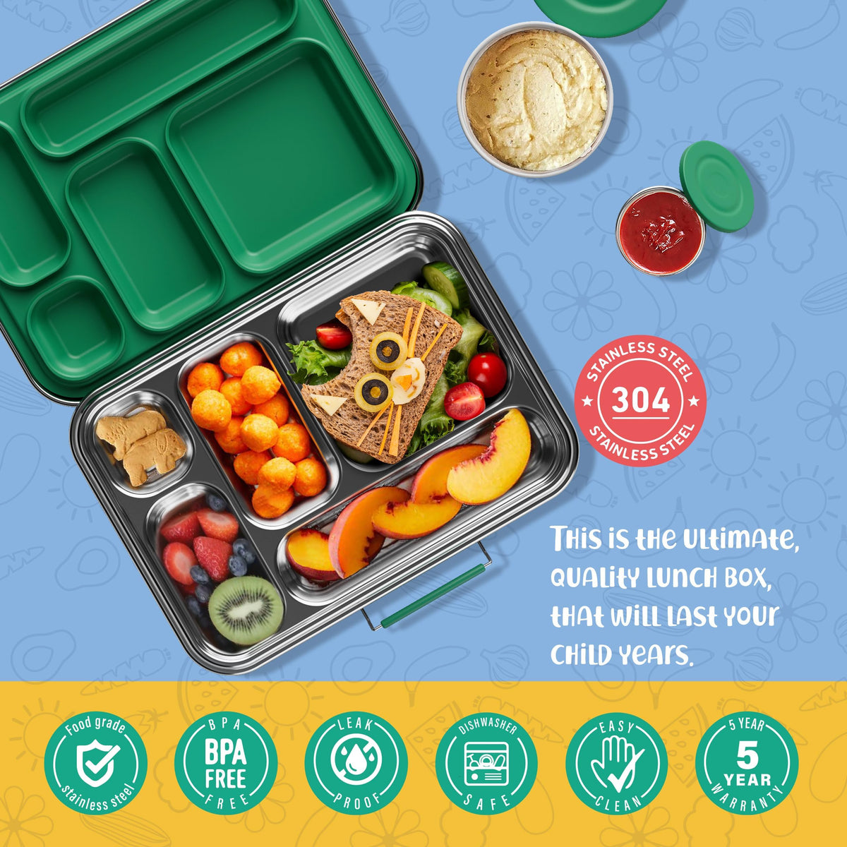 AOHEA bento box kids green dimensions showcase compact, portable lunch