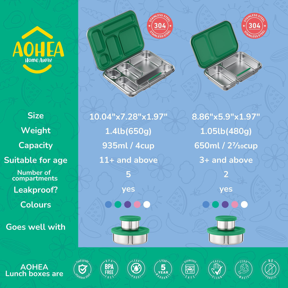AOHEA bento box kids green leakproof-accessories keep sauces contained