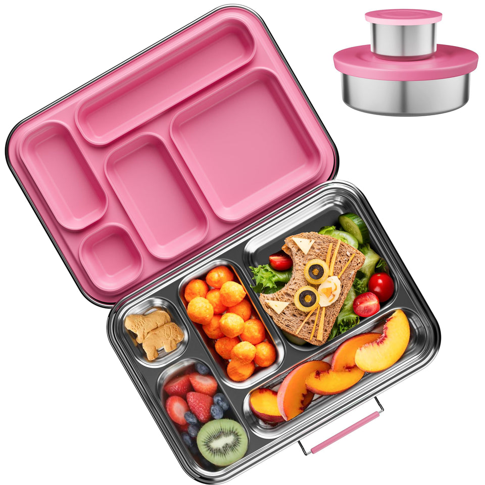 AOHEA stainless steel bento box pink lid for kids' school lunches