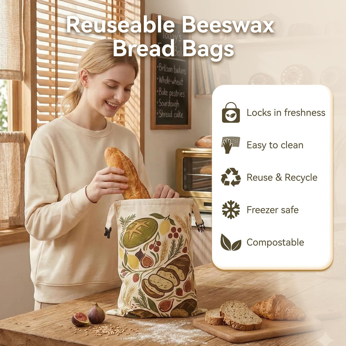 AOILONLI XL beeswax lining provides breathable freshness for crusty loaves.
