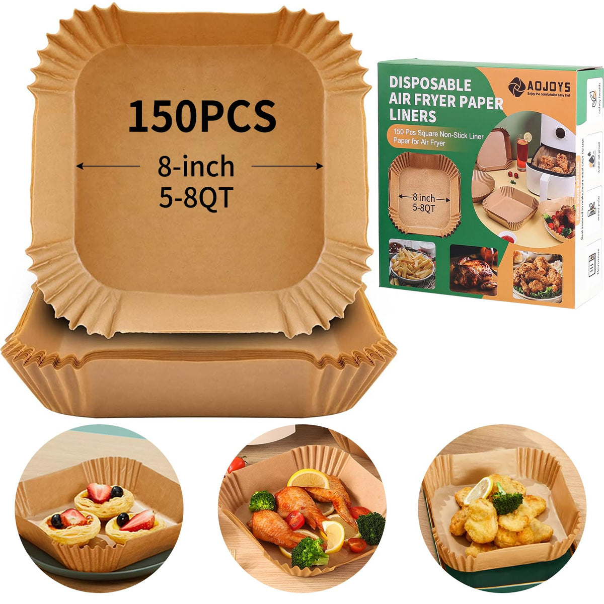 AOJOYS air fryer liners boxed 150pcs for mess-free cooking.