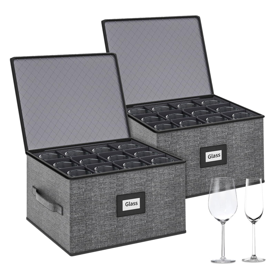 Aokeyee 2-pack wine glass storage with dividers protects fragile stemware during moves.