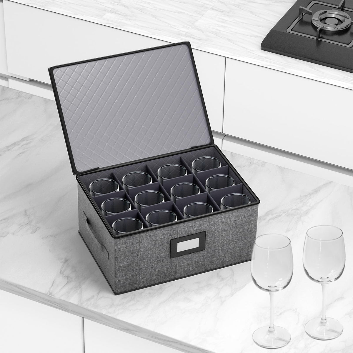 Aokeyee grey wine glass storage case accommodates tall stemware with dividers.