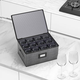 Aokeyee grey wine glass storage case accommodates tall stemware with dividers.