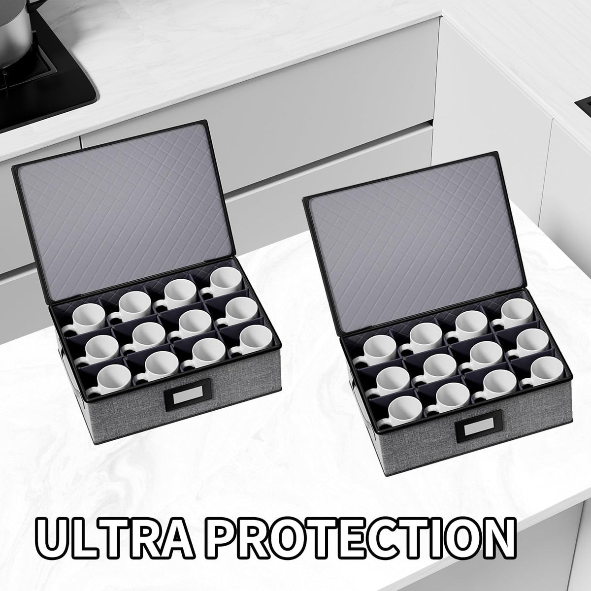 Aokeyee box with adjustable dividers for organized mugs, glasses, and jars