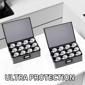 Aokeyee box with adjustable dividers for organized mugs, glasses, and jars