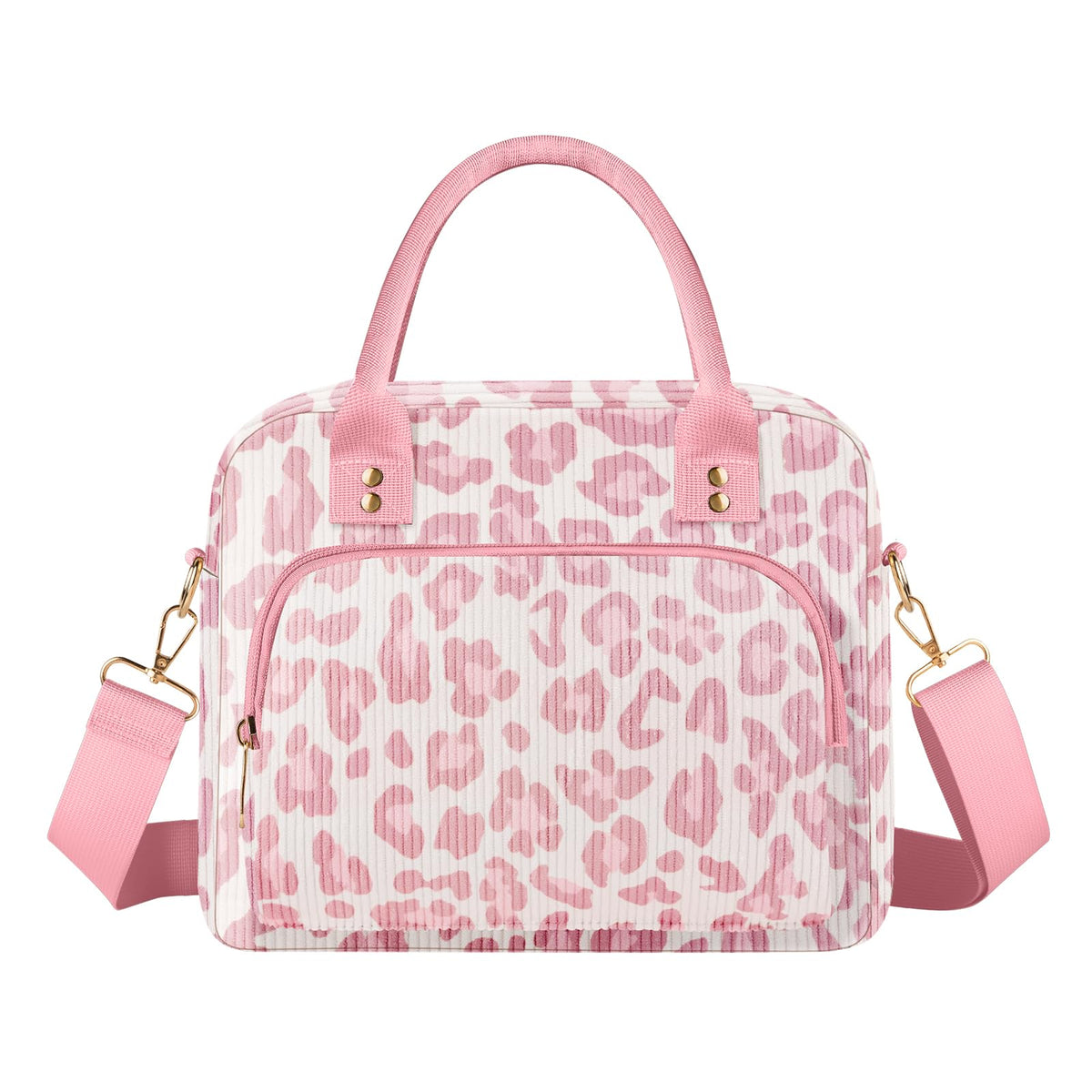 Aomeskoitoy lunch bag corduroy pink leopard front view for stylish commuting.