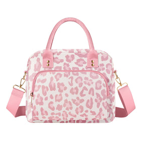 Aomeskoitoy lunch bag corduroy pink leopard front view for stylish commuting.