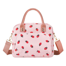 Aomeskoitoy pink strawberry corduroy lunch bag front pocket for organization.