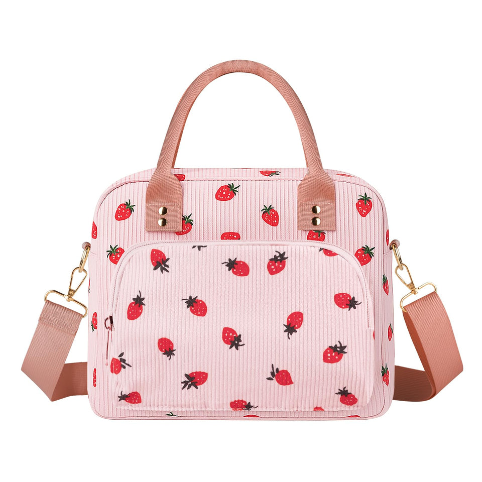Aomeskoitoy pink strawberry corduroy lunch bag front pocket for organization.