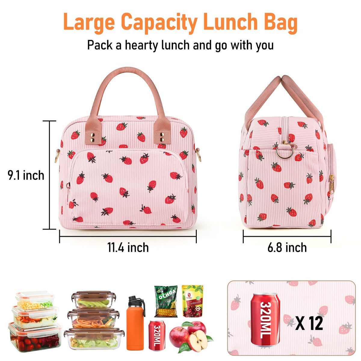 Aomeskoitoy lunch bag with adjustable shoulder strap for versatile carry.