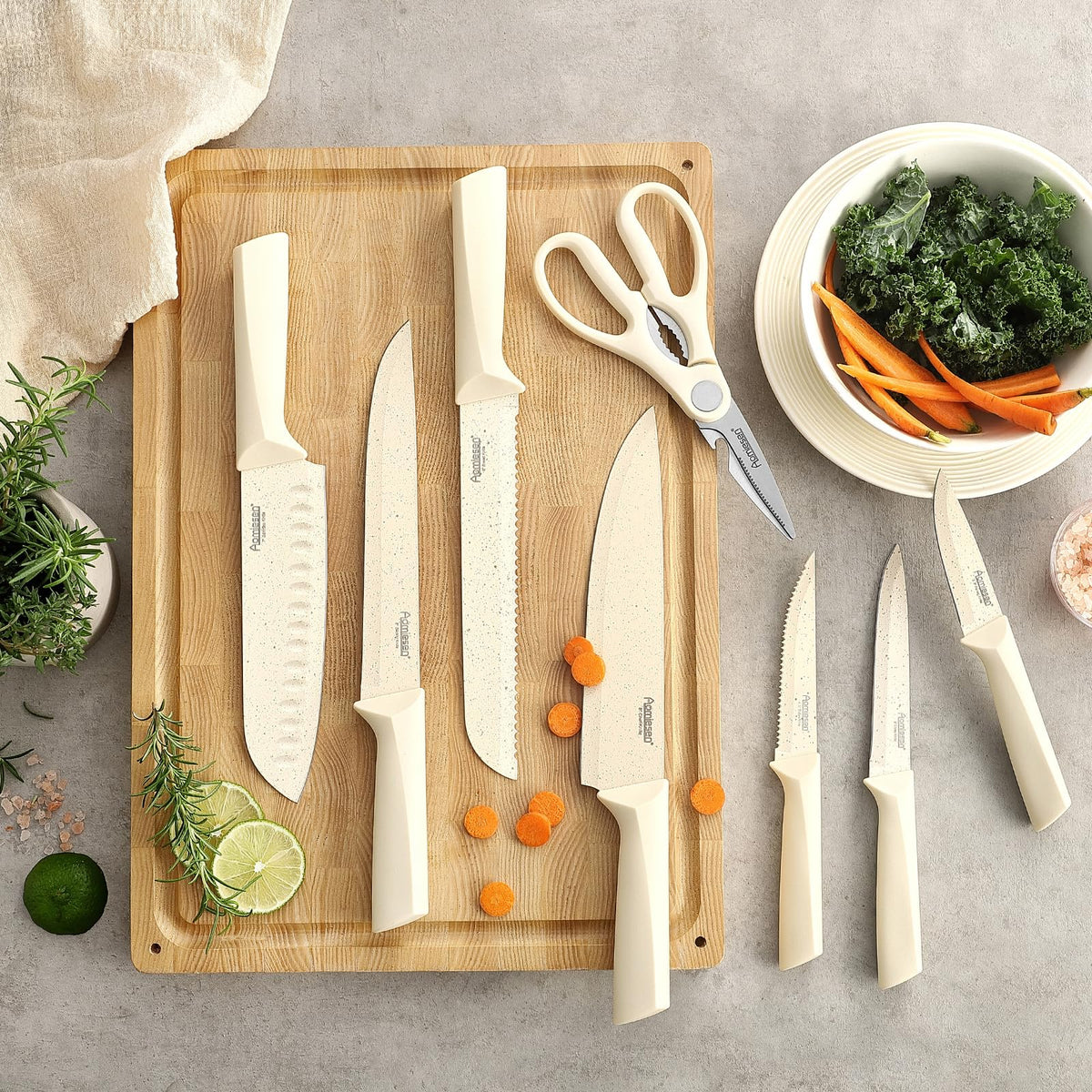 Aomiesen 7-inch Santoku balanced for versatile chopping.