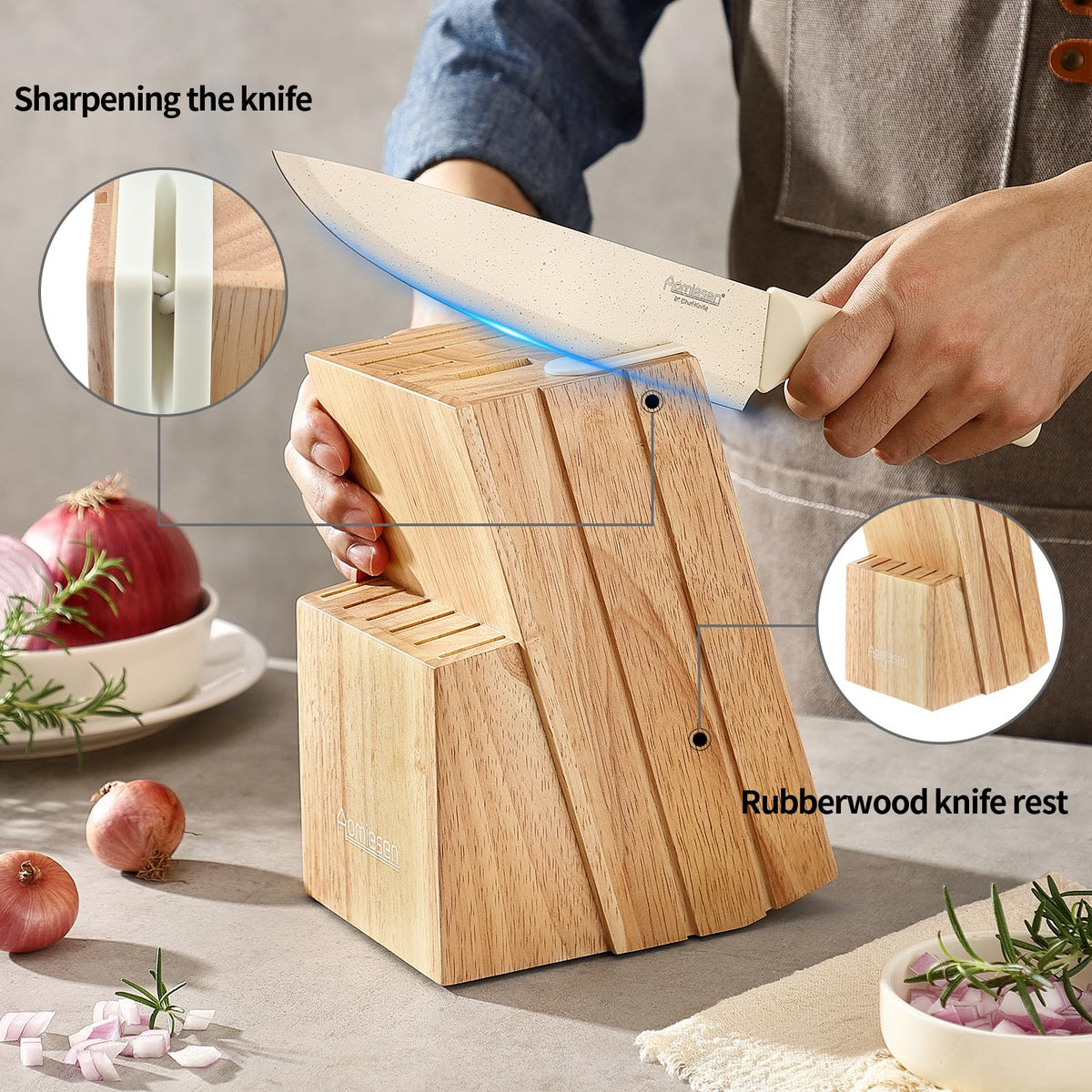 Aomiesen 8-inch chef knife blade close-up for precise slicing.