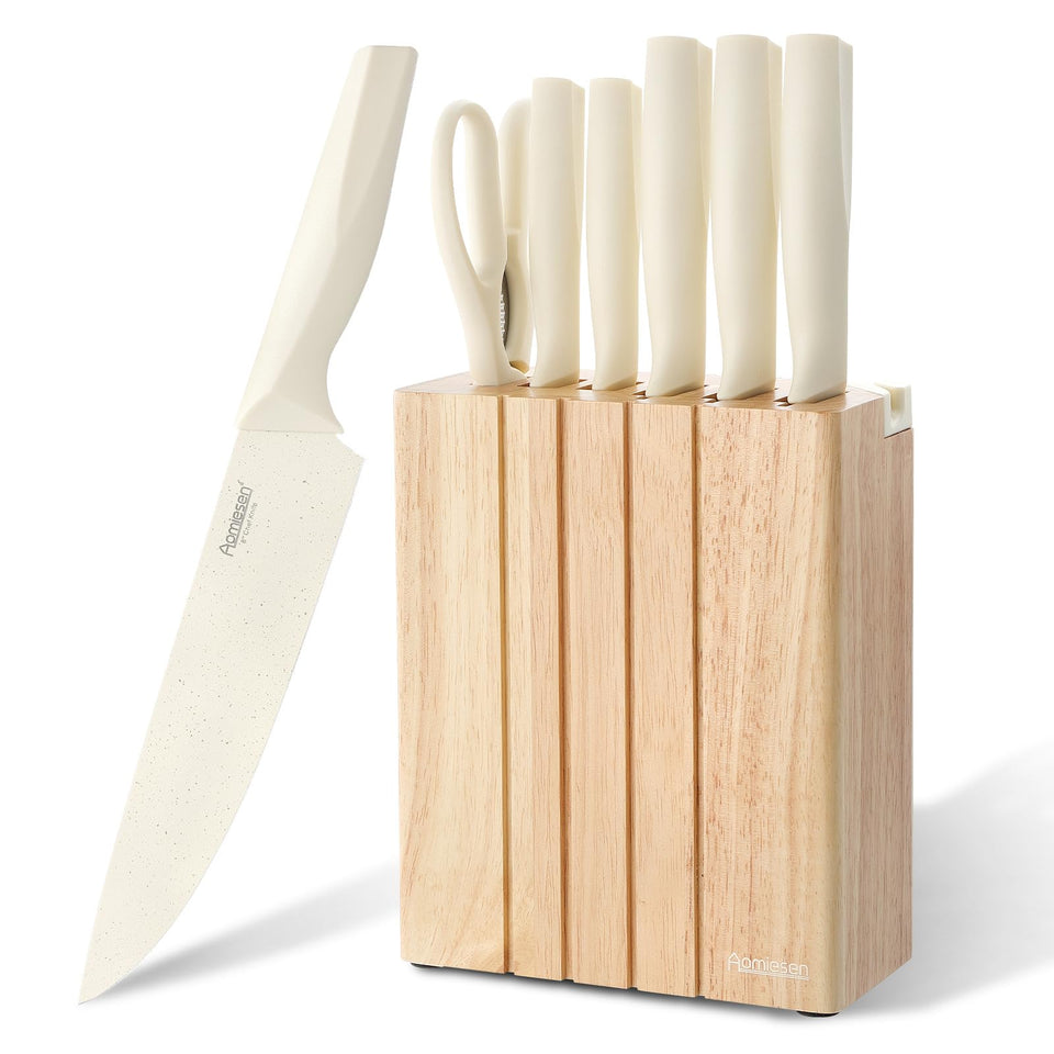 Aomiesen premium 8-piece knife set in block offers organized countertop storage