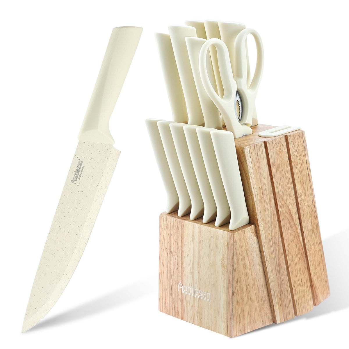 Aomiesen stainless knife set with built-in sharpener in a compact block.