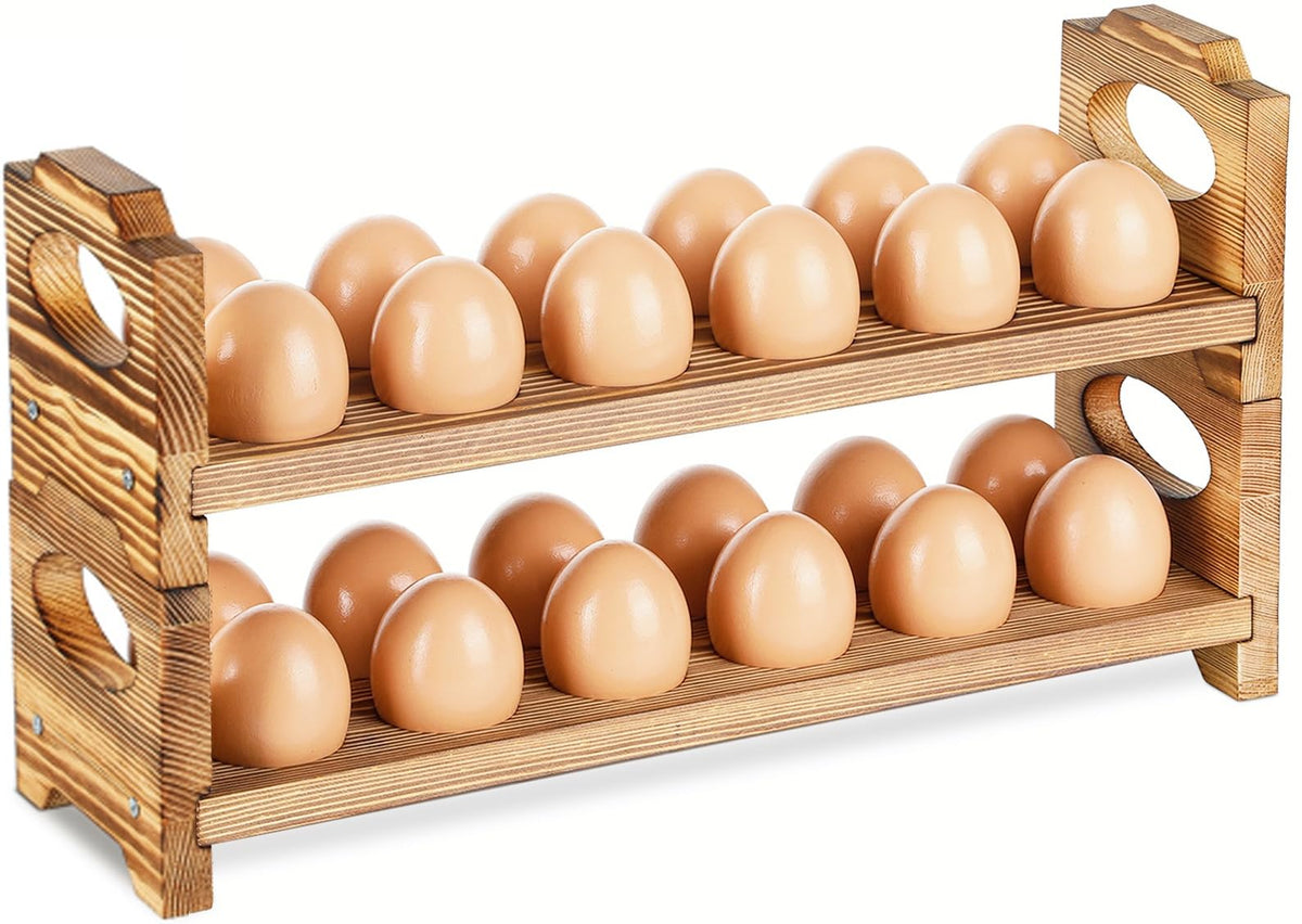 AOOHOOA wooden egg holder, top view, organized egg storage with rustic charm.
