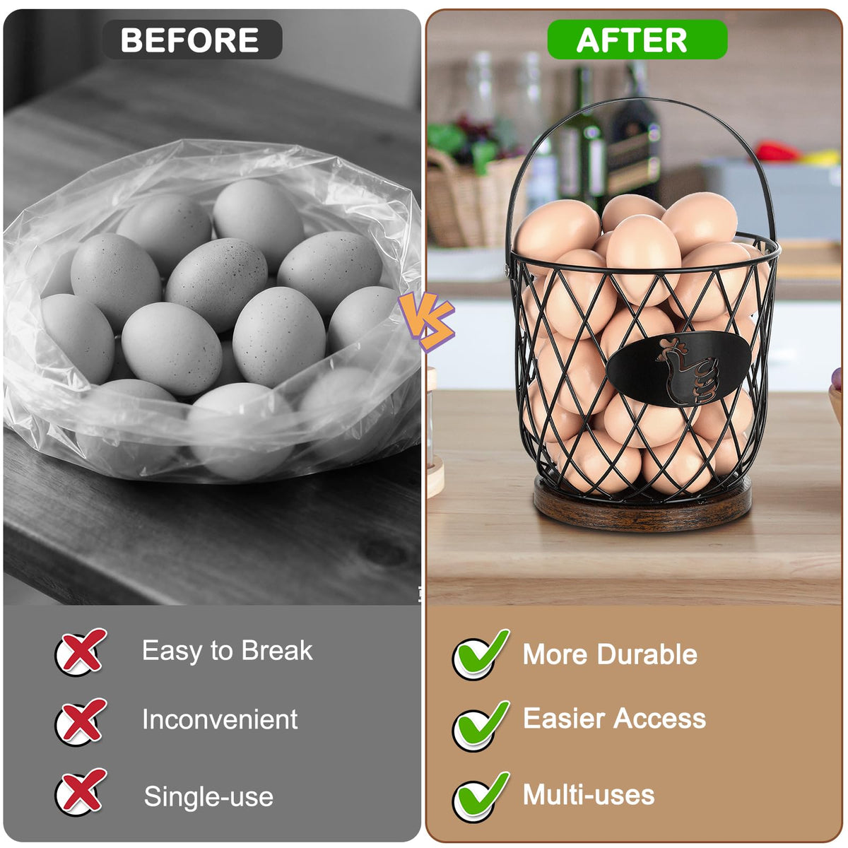 AOOHOOA egg basket wooden base provides stable countertop placement