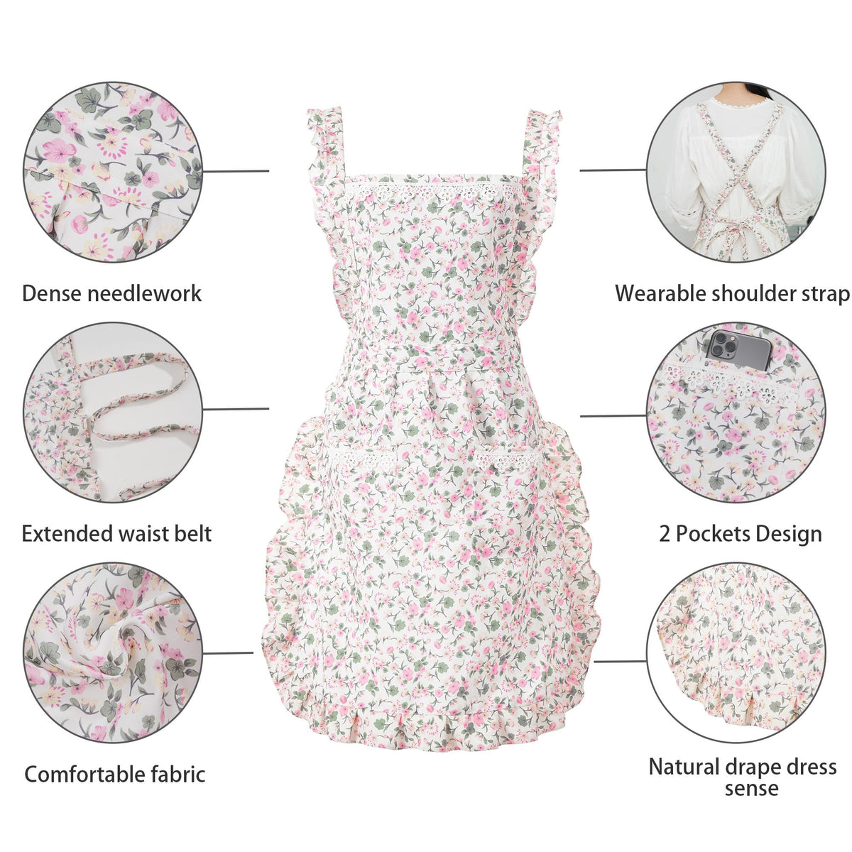 Aoomzoon apron with adjustable neck and waist ties for a comfortable fit.