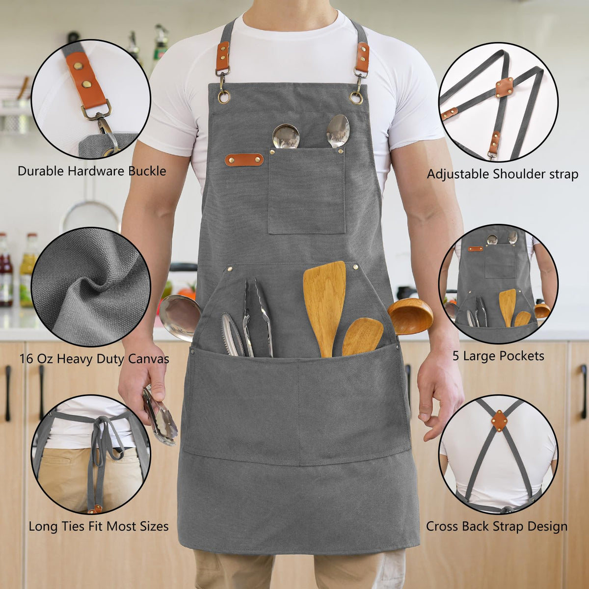 Aoomzoon apron features large front pockets for phones and notebooks.