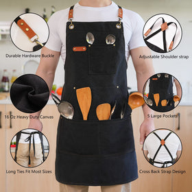 Aoomzoon multipocket front design stores utensils, notebook, and thermometer.