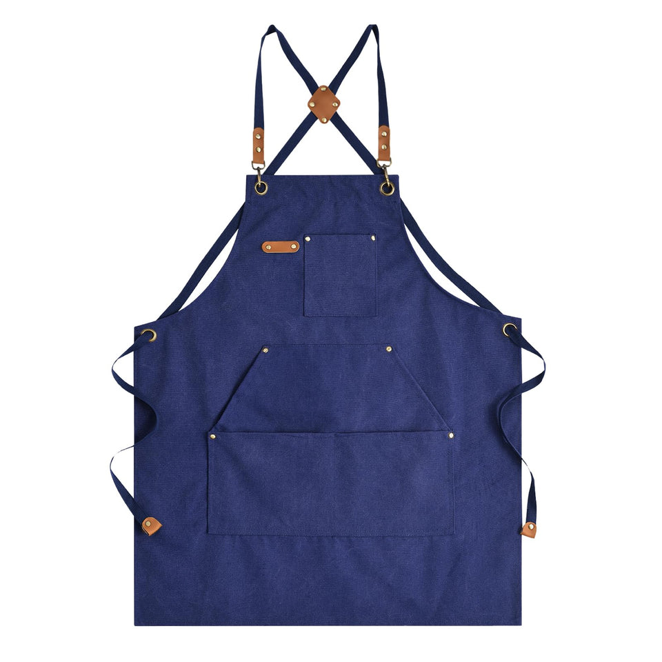 Aoomzoon canvas apron blue front view highlighting durable construction for daily cooking