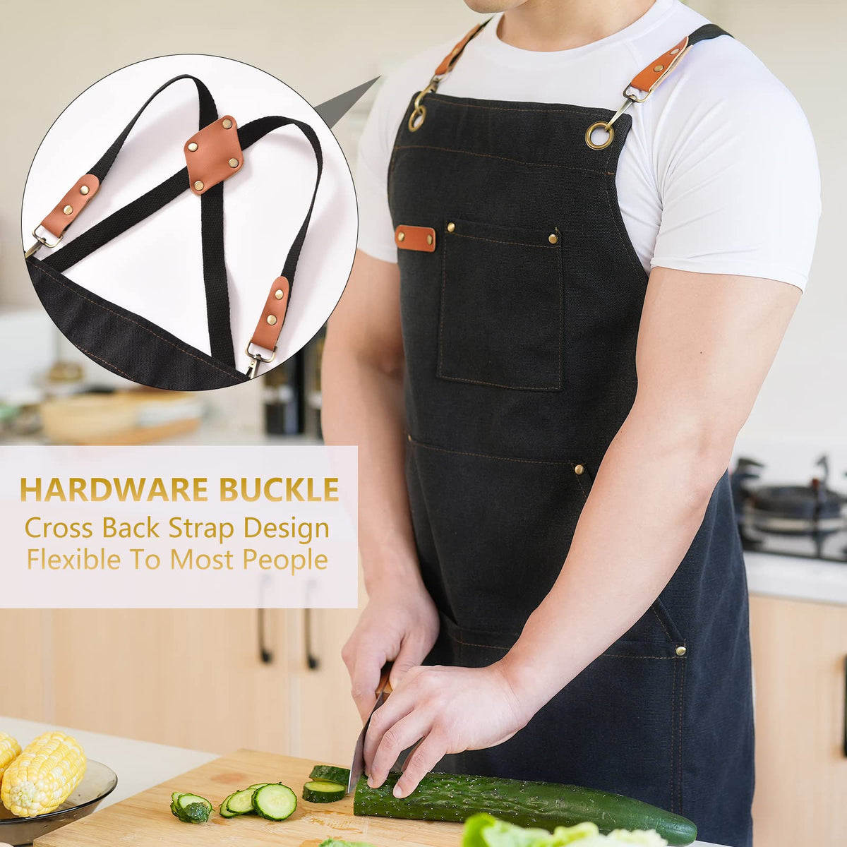 Aoomzoon cross-back apron showing large front pockets for tools and phone.