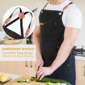 Aoomzoon cross-back apron showing large front pockets for tools and phone.