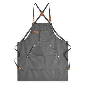 Aoomzoon canvas apron with cross-back straps reduces neck strain during long cooking sessions.