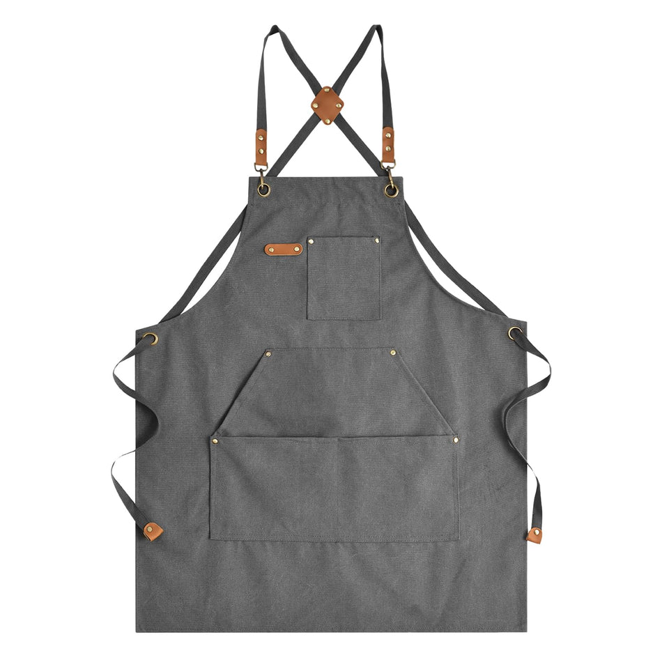 Aoomzoon canvas apron with cross-back straps reduces neck strain during long cooking sessions.