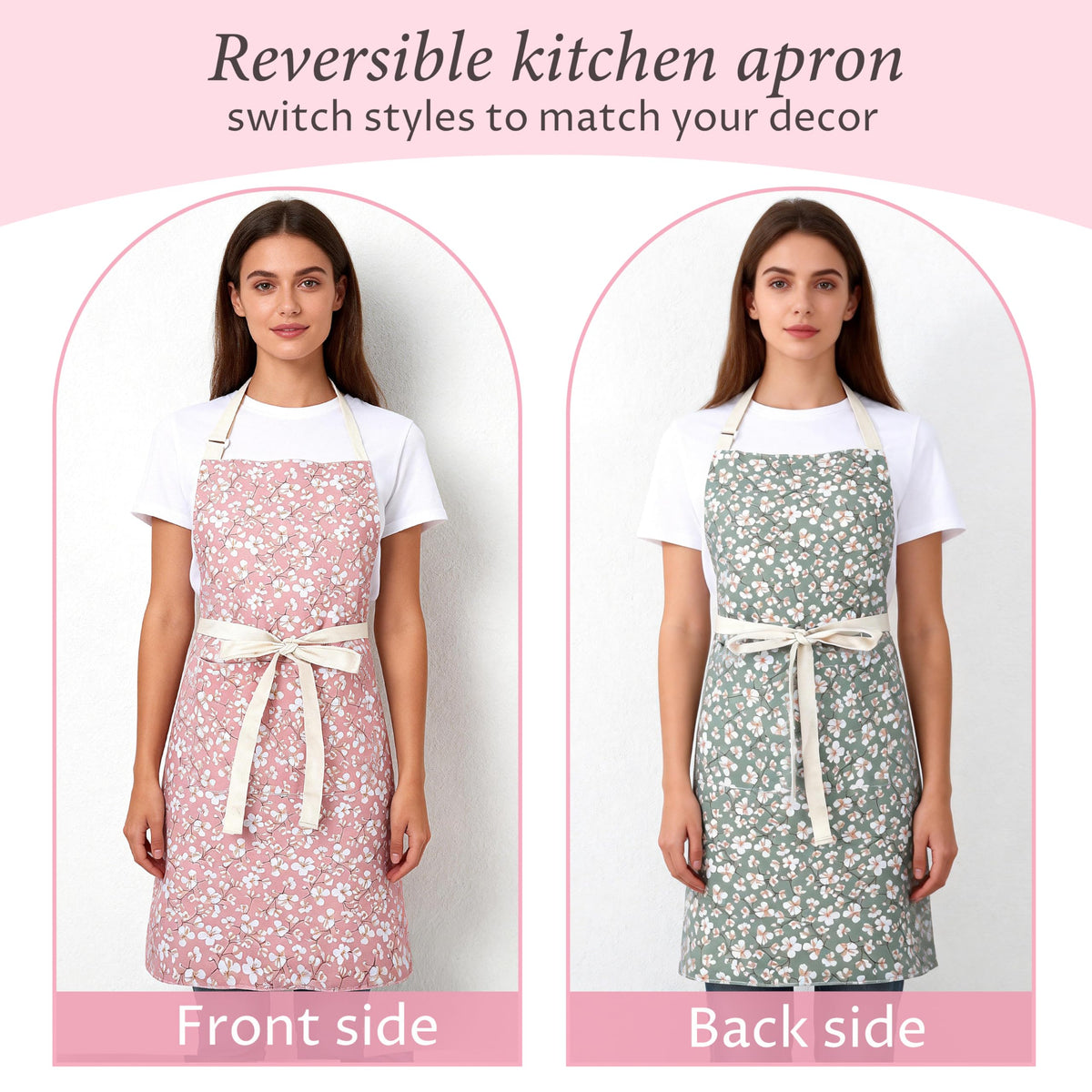 Aoomzoon pink and green flip design apron for two looks during kitchen or crafts.