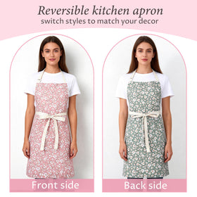 Aoomzoon pink and green flip design apron for two looks during kitchen or crafts.