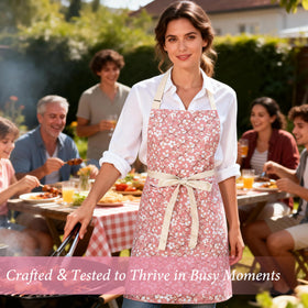 Aoomzoon small-print side apron delivers practical protection with a subtle pattern.