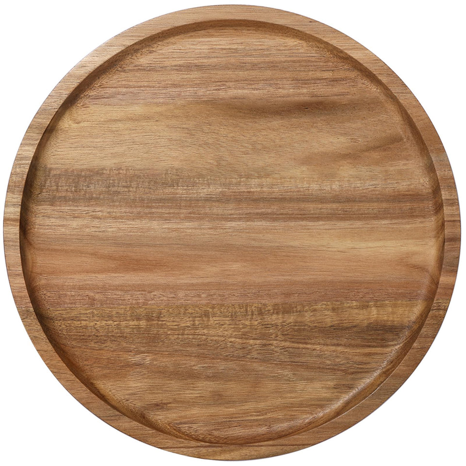 Aoravvik round wooden tray in acacia with a smooth, polished finish for chic tabletop decor.