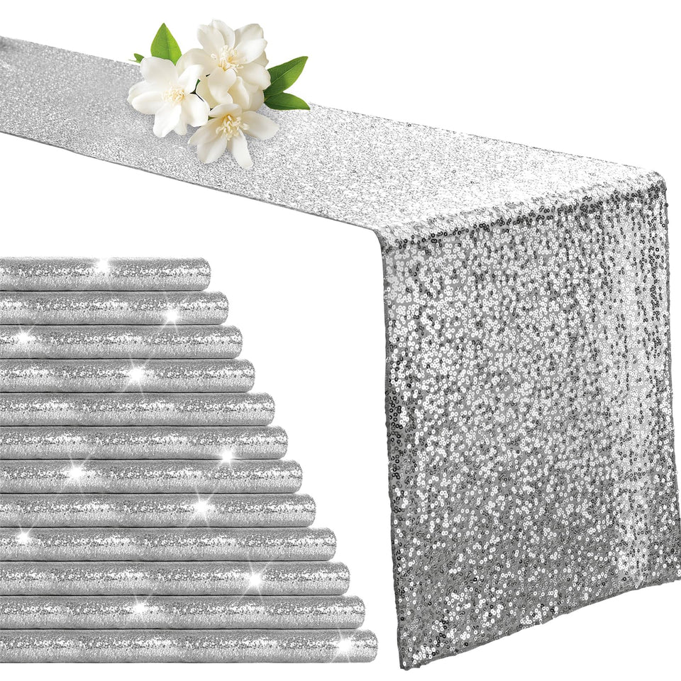 Aormenzy silver sequin table runner adds radiant sparkle to dining tables.