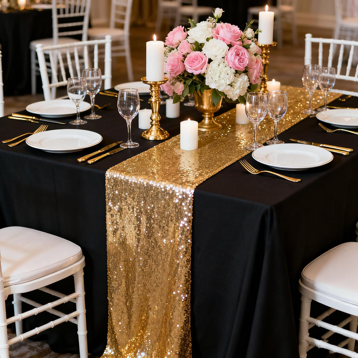 Aorokugatsu baby shower sequin runner shines under soft lighting.