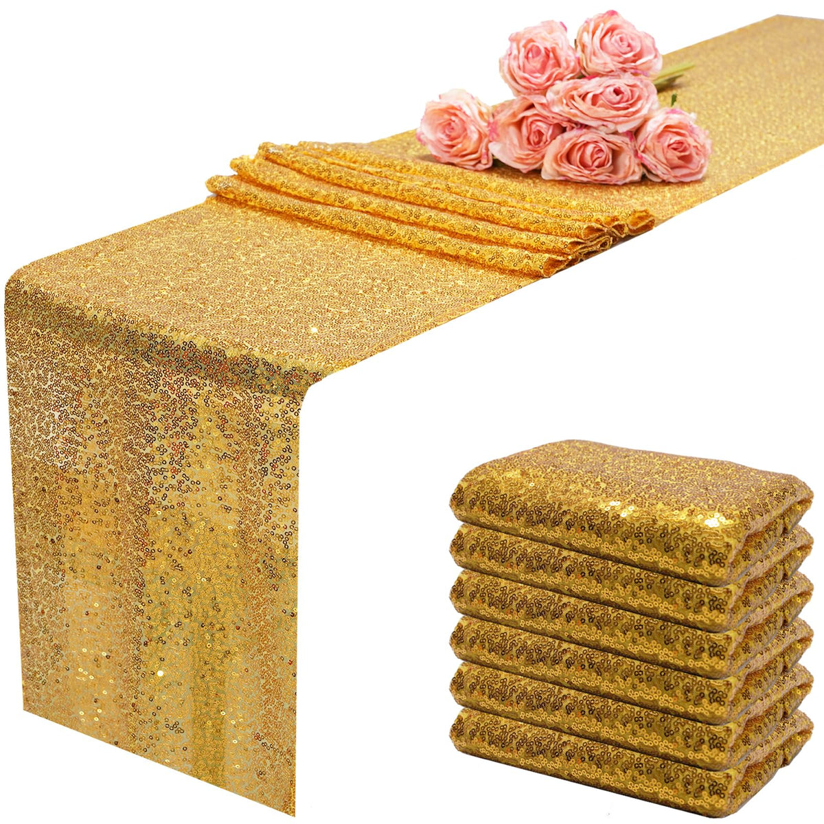 Aorokugatsu gold sequin table runner adds radiant sparkle to 12x108 inch tables.