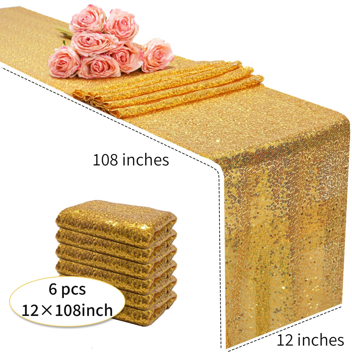 Aorokugatsu gold sequin table runner six-pack provides coordinated decor for multiple tables.