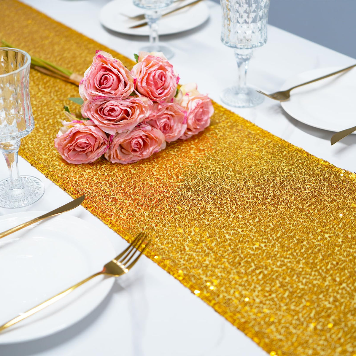 Aorokugatsu wedding sequin table runner enhances reception lighting and glamour.