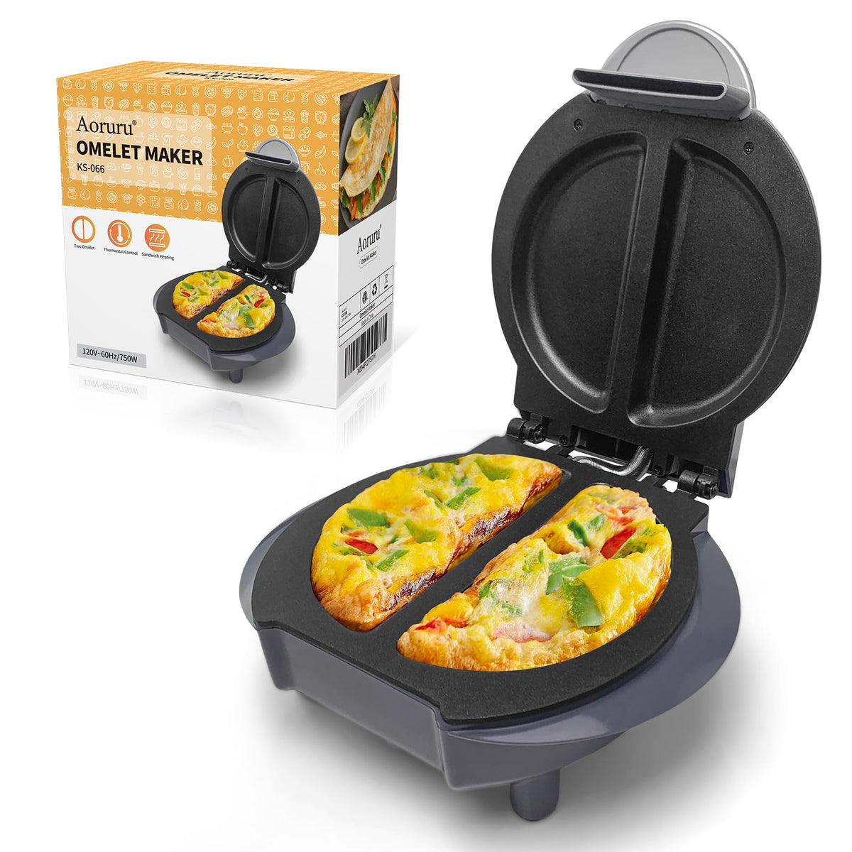 Aoruru Electric Omelet Maker front view showing compact design for quick breakfasts.