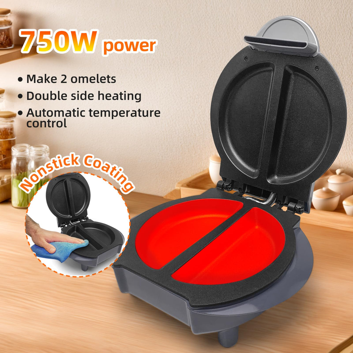 Aoruru Electric Omelet Maker two-portion capacity supports quick, custom breakfasts.