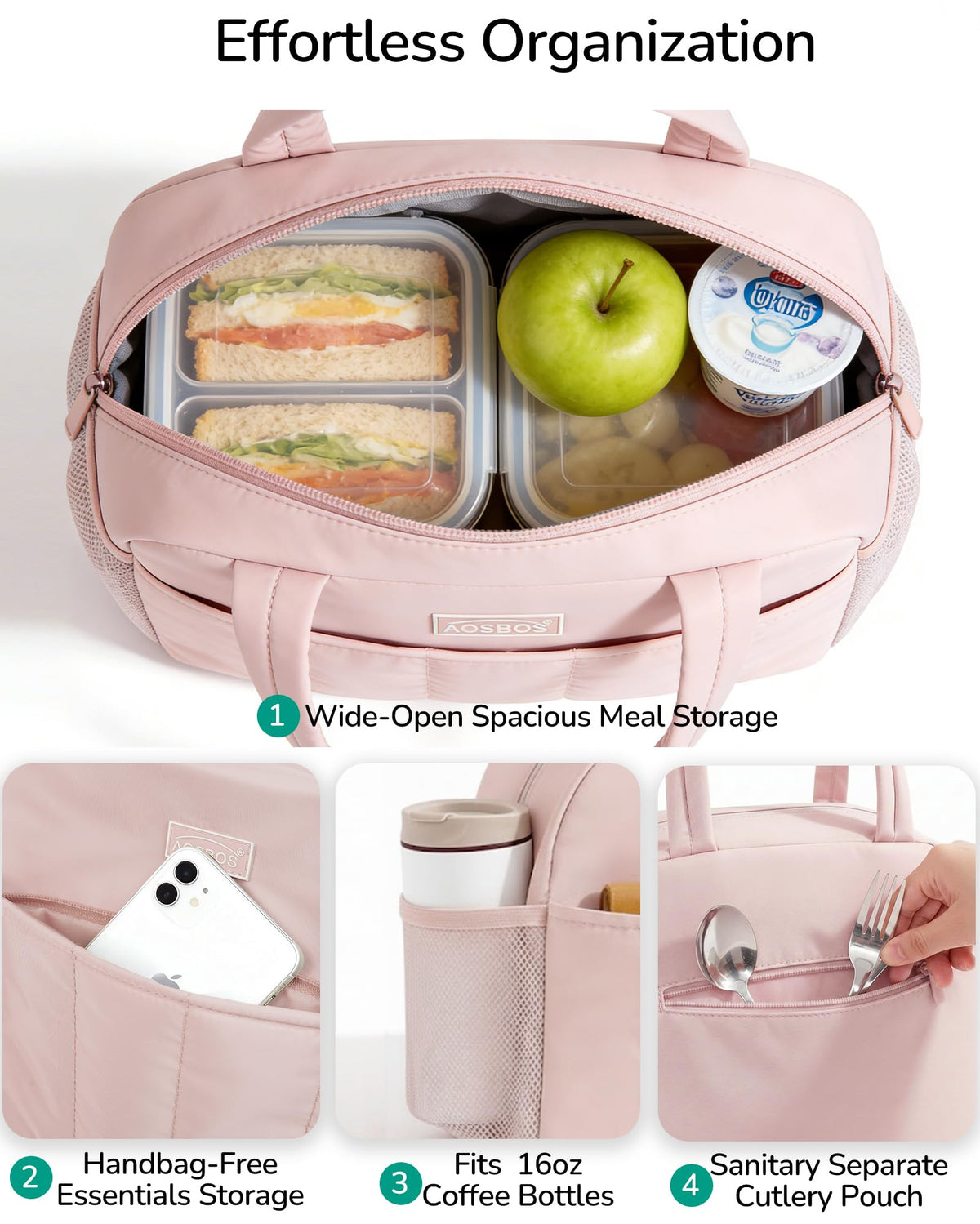 Aosbos Puffer Lunch Bag interior with front pocket and back zipper for essentials.