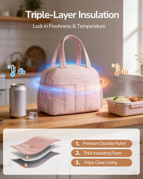 Aosbos Puffer Lunch Bag on a desk with bottle and snacks ready.