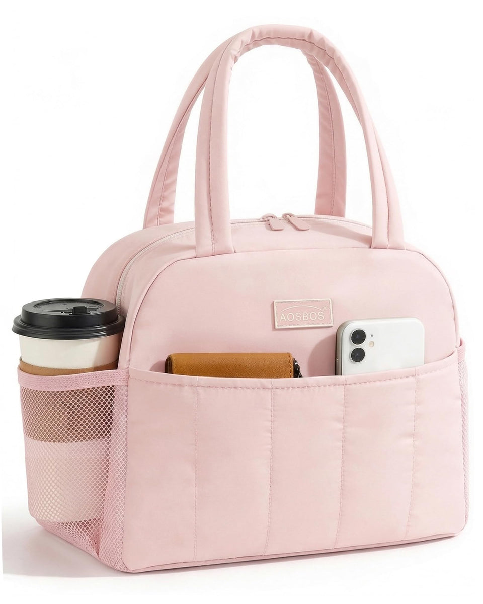 Aosbos Puffer Lunch Bag pink close-up showing soft quilted texture for comfortable daily carry.