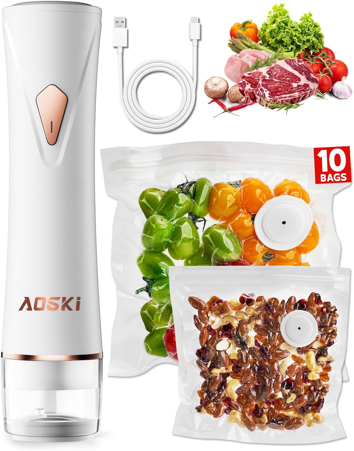 AOSKI compact handheld vacuum sealer seals bags for fresh, ready-to-eat meals.