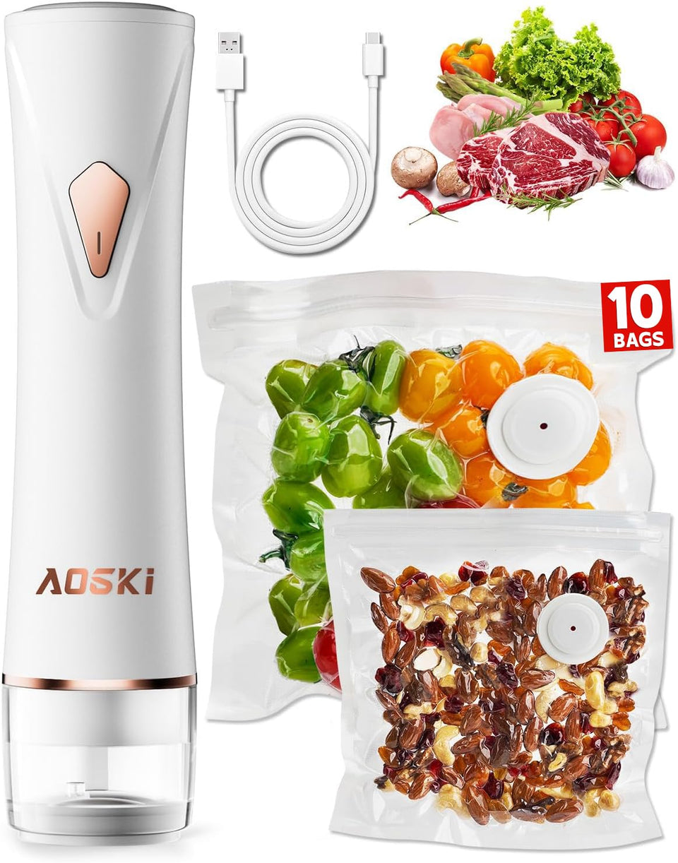 AOSKI compact handheld vacuum sealer seals bags for fresh, ready-to-eat meals.