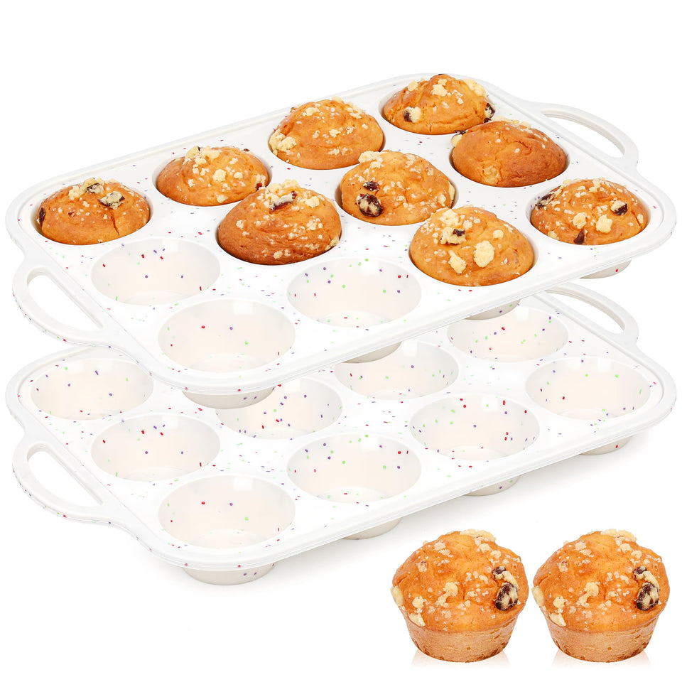 AOTASO silicone muffin pan with metal frame, cream, 12-cup two-pack for stable bake.