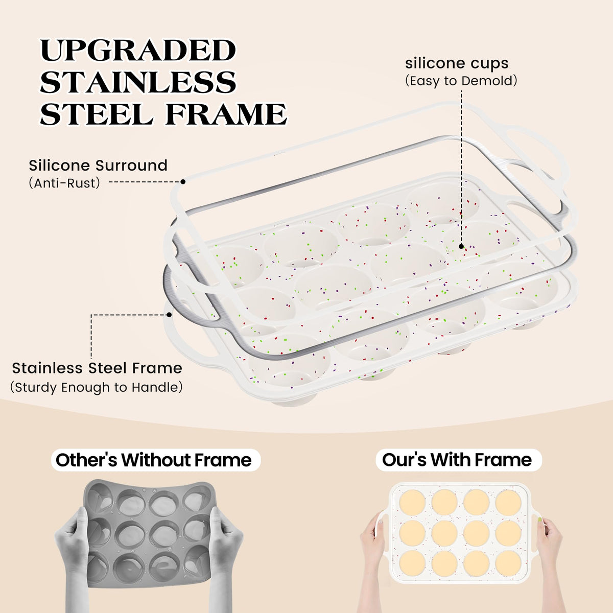 AOTASO silicone muffin pan side view shows sturdy frame supporting even baking.