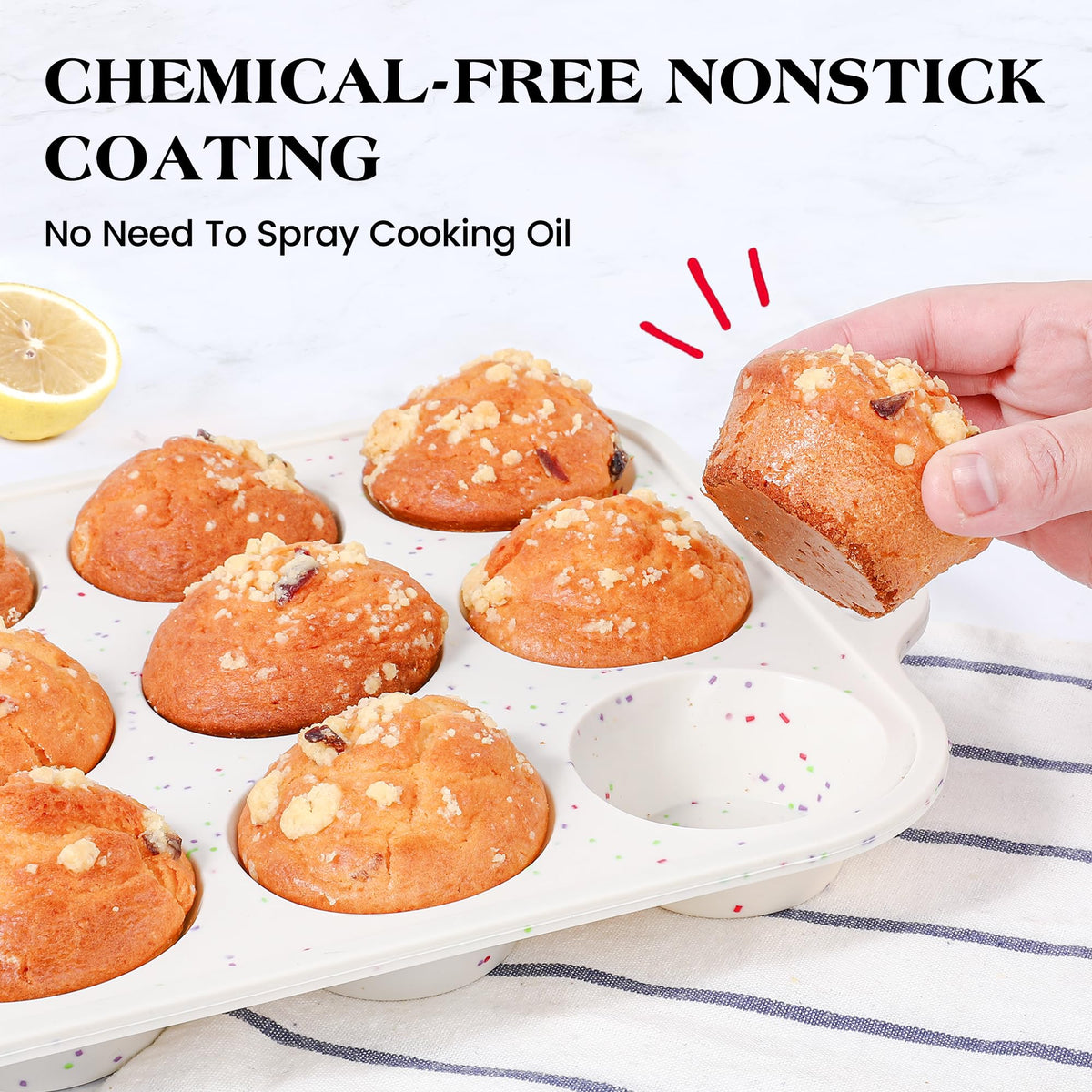 AOTASO muffin pan top view highlights smooth silicone cups for easy release.