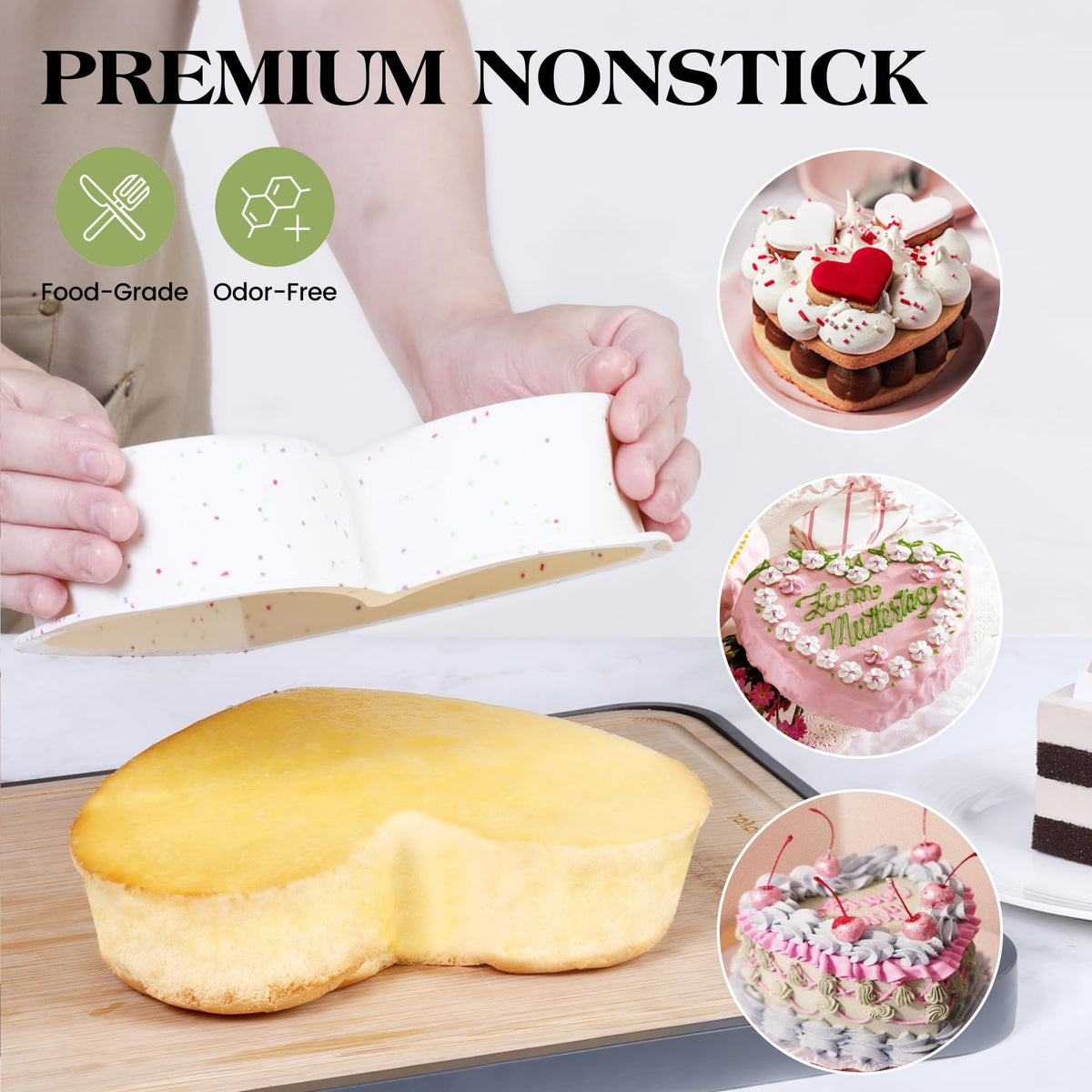 AOTASO heart-shaped cake pan nonstick silicone for effortless demolding and even baking.